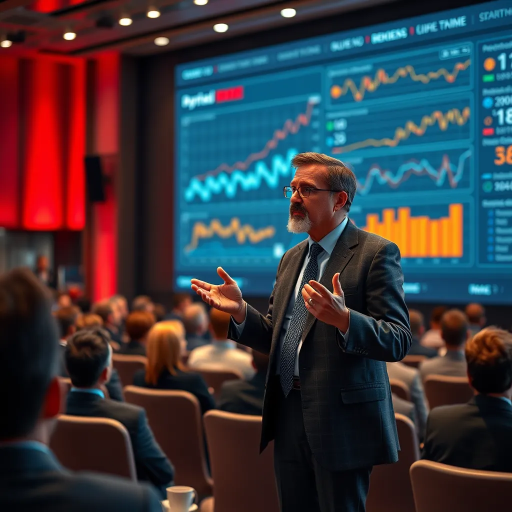  A photorealistic image depicting Sid Frasier presenting a lecture or addressing a large audience. The image should showcase a modern conference setting with a backdrop of a large screen displaying data and graphs, emphasizing Sid's expertise and influence.