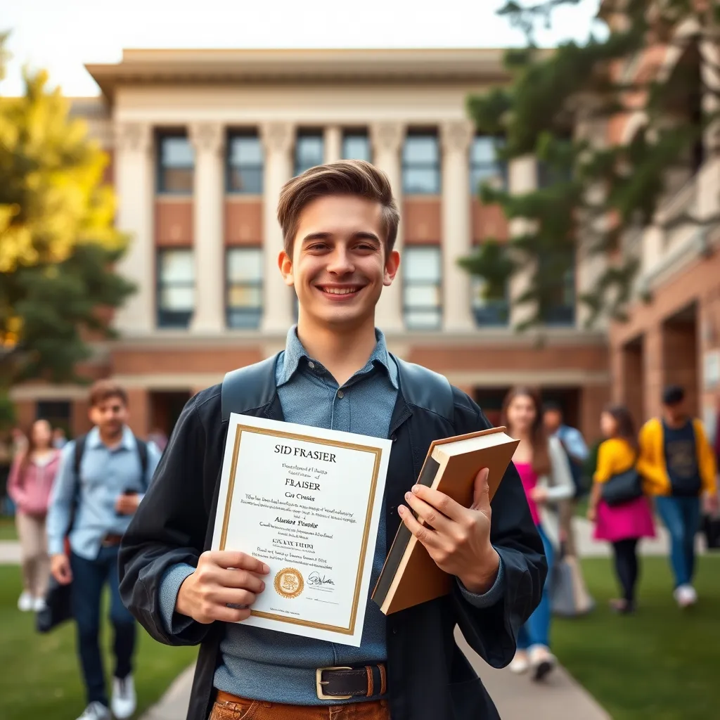 A photorealistic image of a young Sid Frasier standing in front of a university building, holding a graduation certificate in one hand and a book in the other, with a confident smile on his face. The background should be a vibrant campus setting with students walking around, highlighting a lively educational environment.