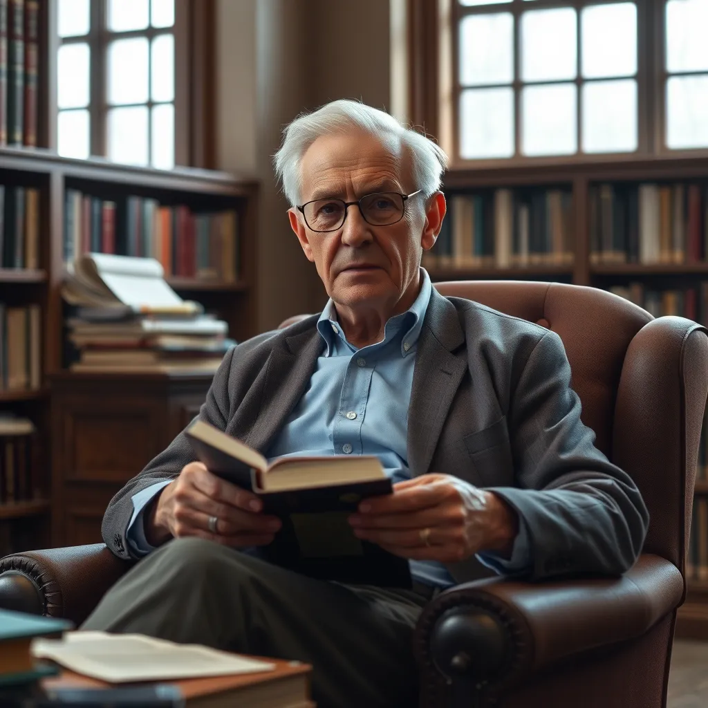  A photorealistic image of an older Sid Frasier sitting in a comfortable chair in a well-lit library. He is surrounded by books and papers, holding a book in his hand and gazing thoughtfully at the camera. The image should convey a sense of wisdom, experience, and a lifetime of learning.