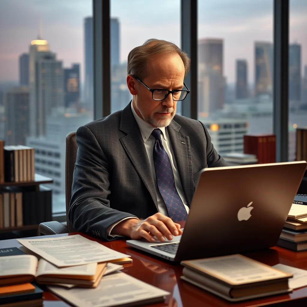 A photorealistic image of Sid Frasier sitting at his desk, surrounded by books and papers, looking intently at a laptop screen. The background should be a modern office with a cityscape view, highlighting a professional and experienced individual.