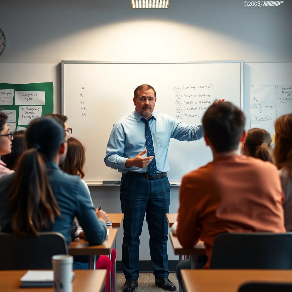 A photorealistic image of Sid Frasier standing in front of a whiteboard, presenting a lecture to a diverse group of students. The background should be a modern classroom setting with students actively engaging in the presentation, highlighting a stimulating learning environment.